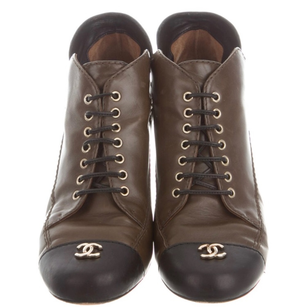Authentic Chanel lace up block heel booties